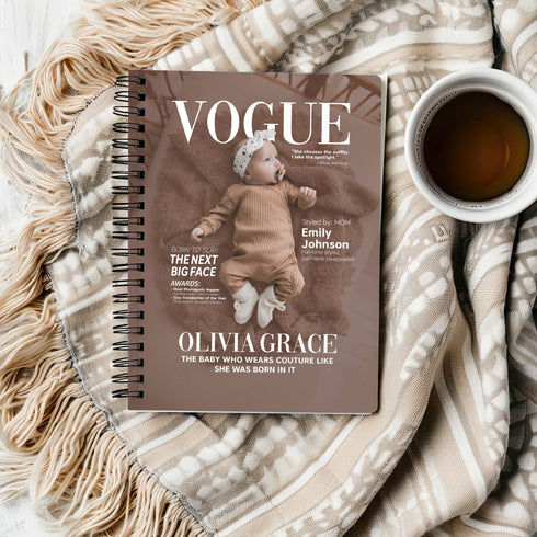 Personalized Baby Vogue Magazine Cover Notebook – Custom Name & Photo, Stylish Mom Gift